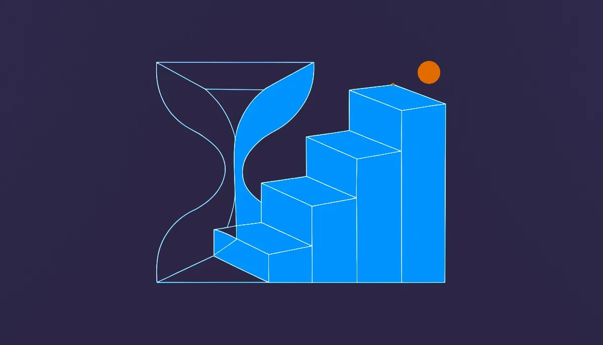 Editorial illustration: an hourglass giving way to a stepped value ladder