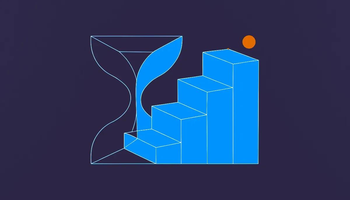 Editorial illustration: an hourglass giving way to a stepped value ladder