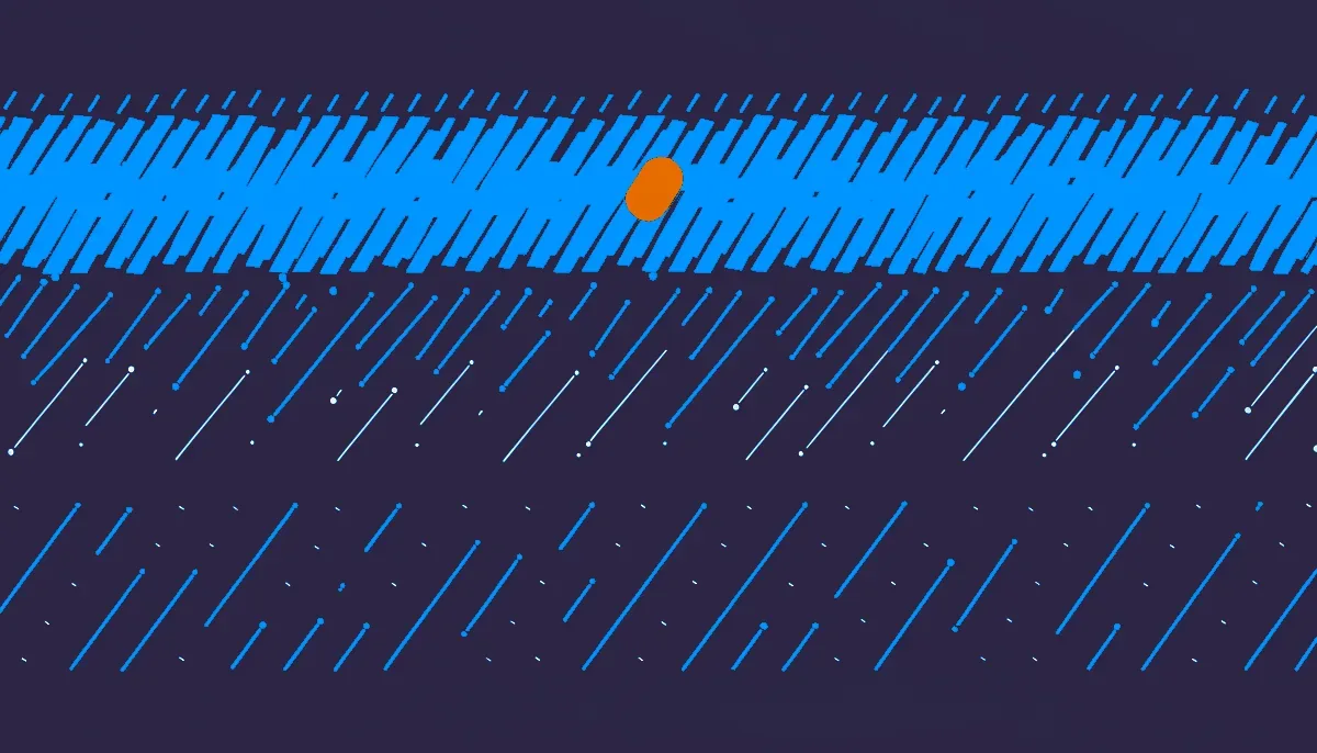 Editorial illustration: a scatter field of small marks organising into three bands of density