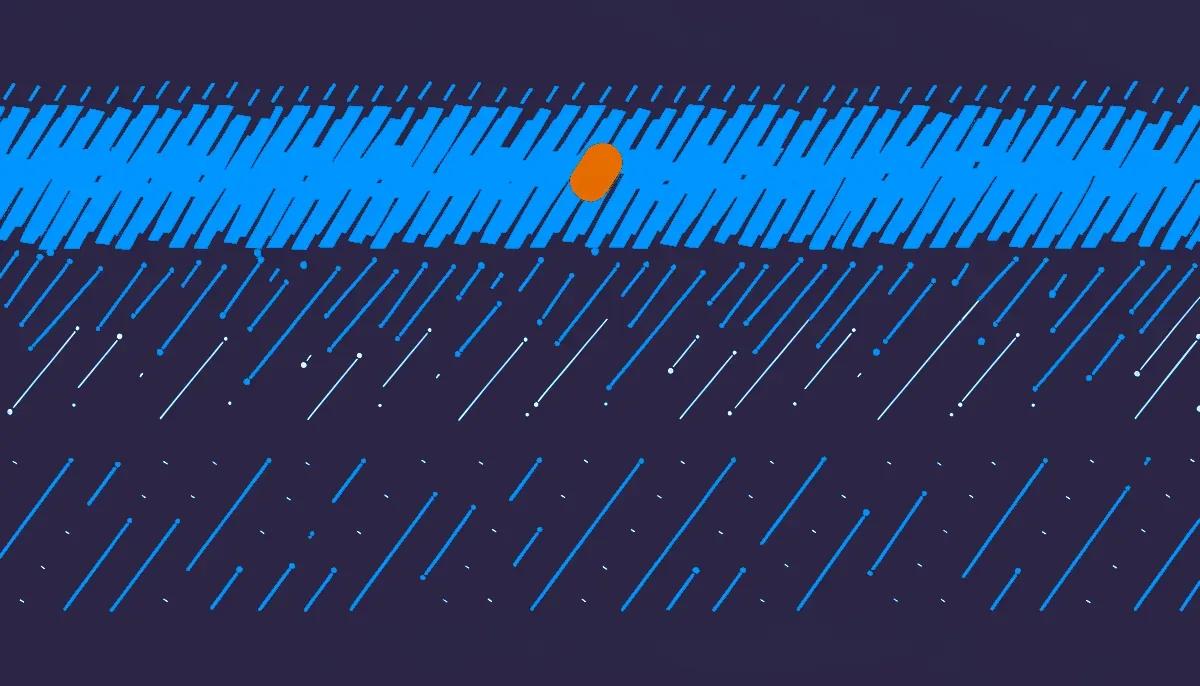 Editorial illustration: a scatter field of small marks organising into three bands of density
