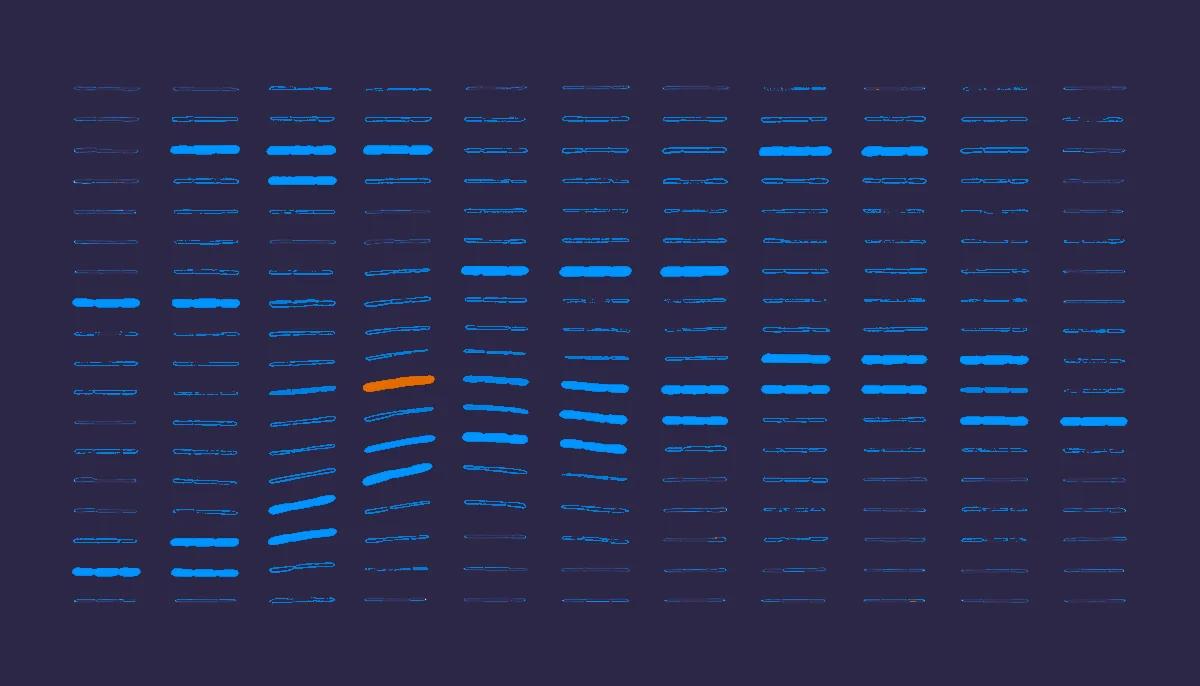 Editorial illustration: rows of text-like dashes with a sparse hidden pattern picked out among them