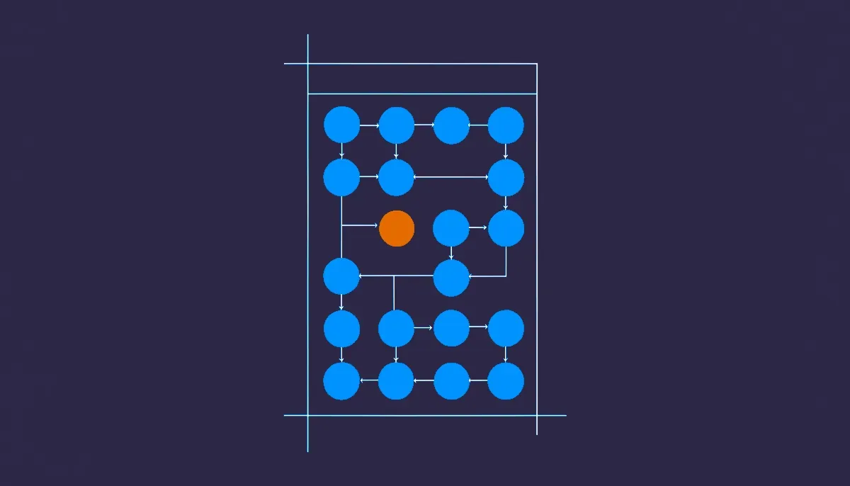 Editorial illustration: a document outline built from connected nodes instead of lines of text