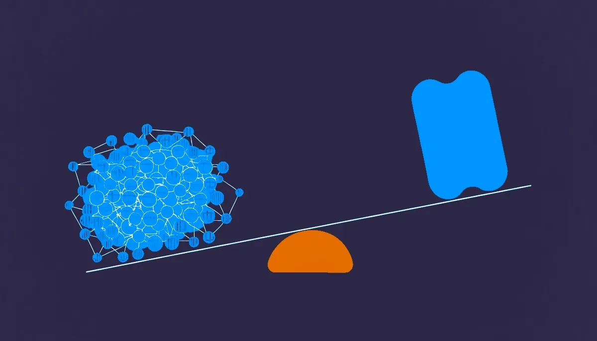 Editorial illustration: one external badge node outweighing a large cluster of internal nodes