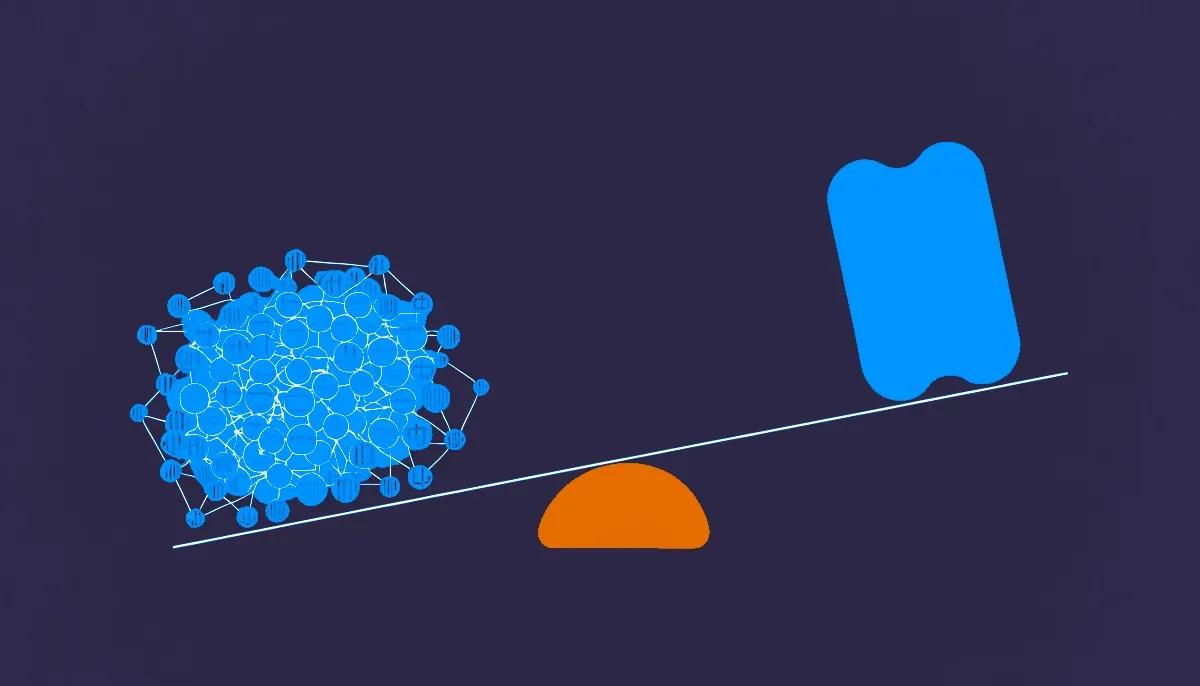 Editorial illustration: one external badge node outweighing a large cluster of internal nodes