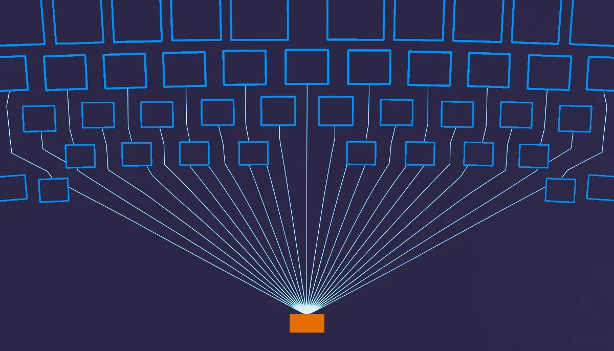 Editorial illustration: a small plain document at the root of a branching tree, lit brightly