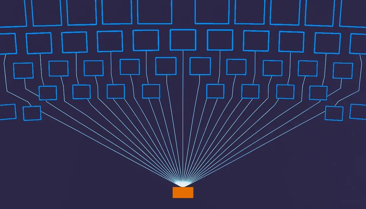 Editorial illustration: a small plain document at the root of a branching tree, lit brightly