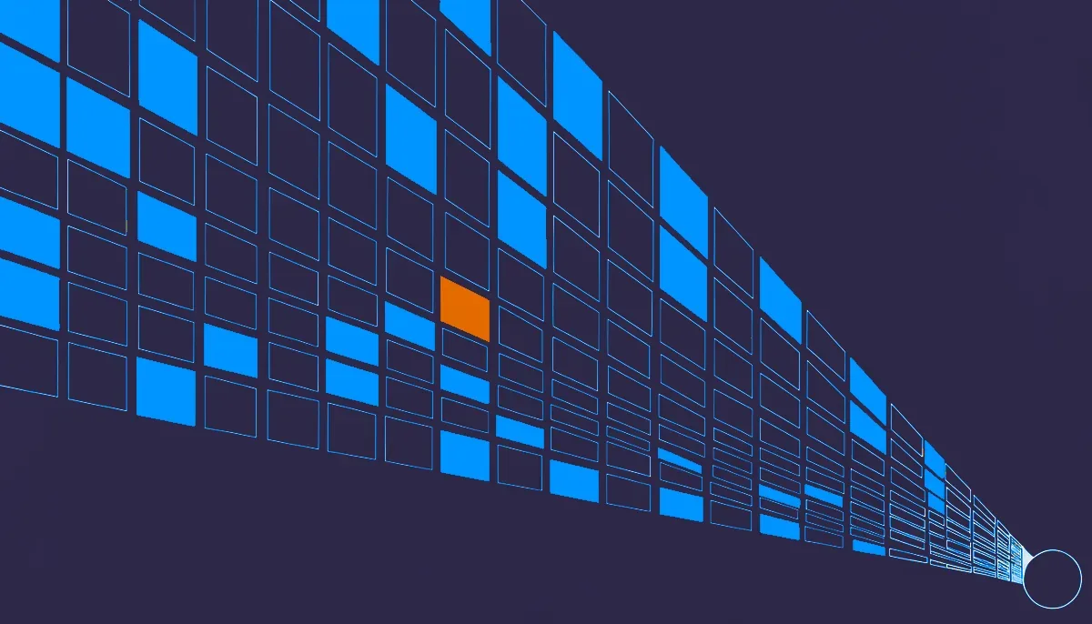 Editorial illustration: a grid of product tiles converging into a single funnel node