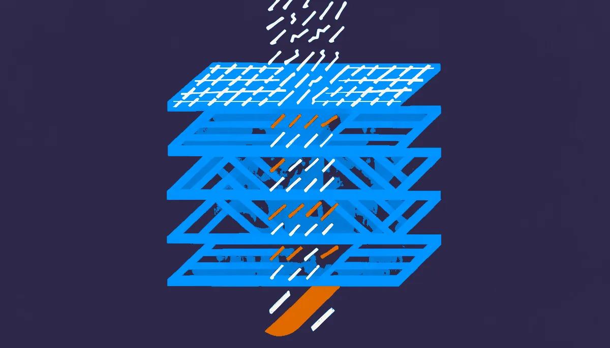 Editorial illustration: a cutaway of stacked layers with one layer lit from within