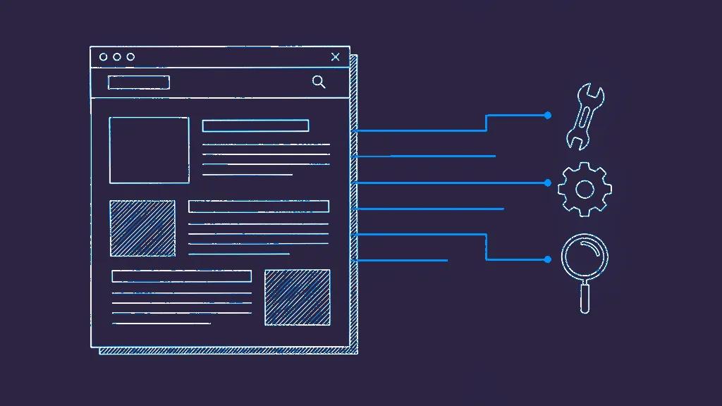 Editorial illustration: a website page with clean connector lines extending to tool-shaped icons
